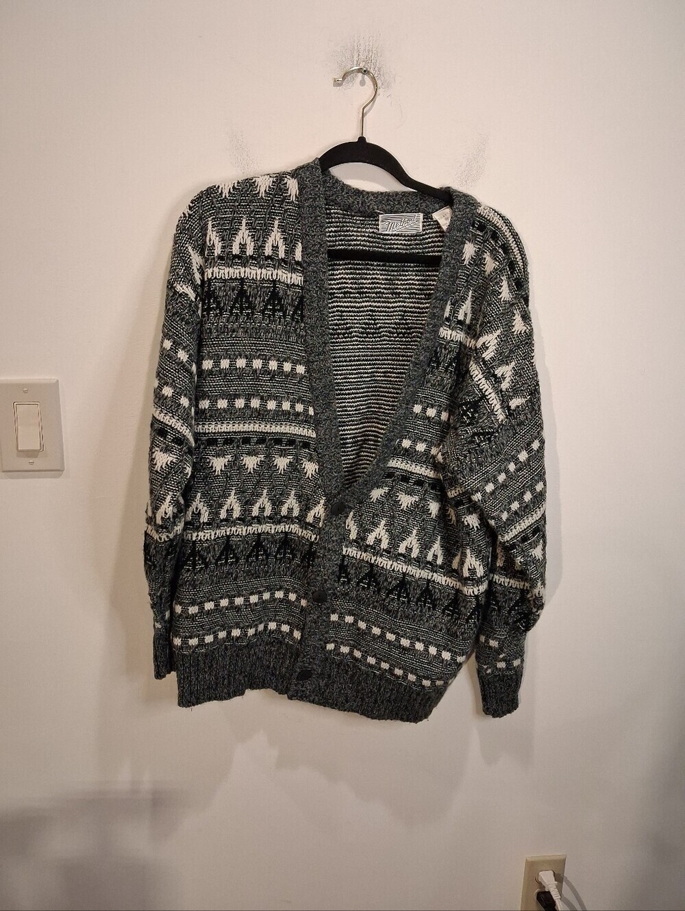 Vintage Method Size M Grandpa Cardigan Sweater In Grey/white Geometric Print